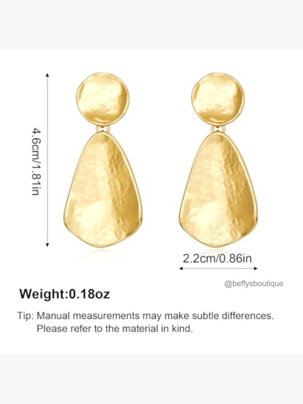 Clip On Hammered Geometric Dangle Earrings Gold Plated Brass - Picture 6 of 7